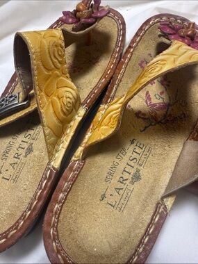 L'ATISTE Yellow Embossed Floral Thong Sandals with Pink Flower Accents